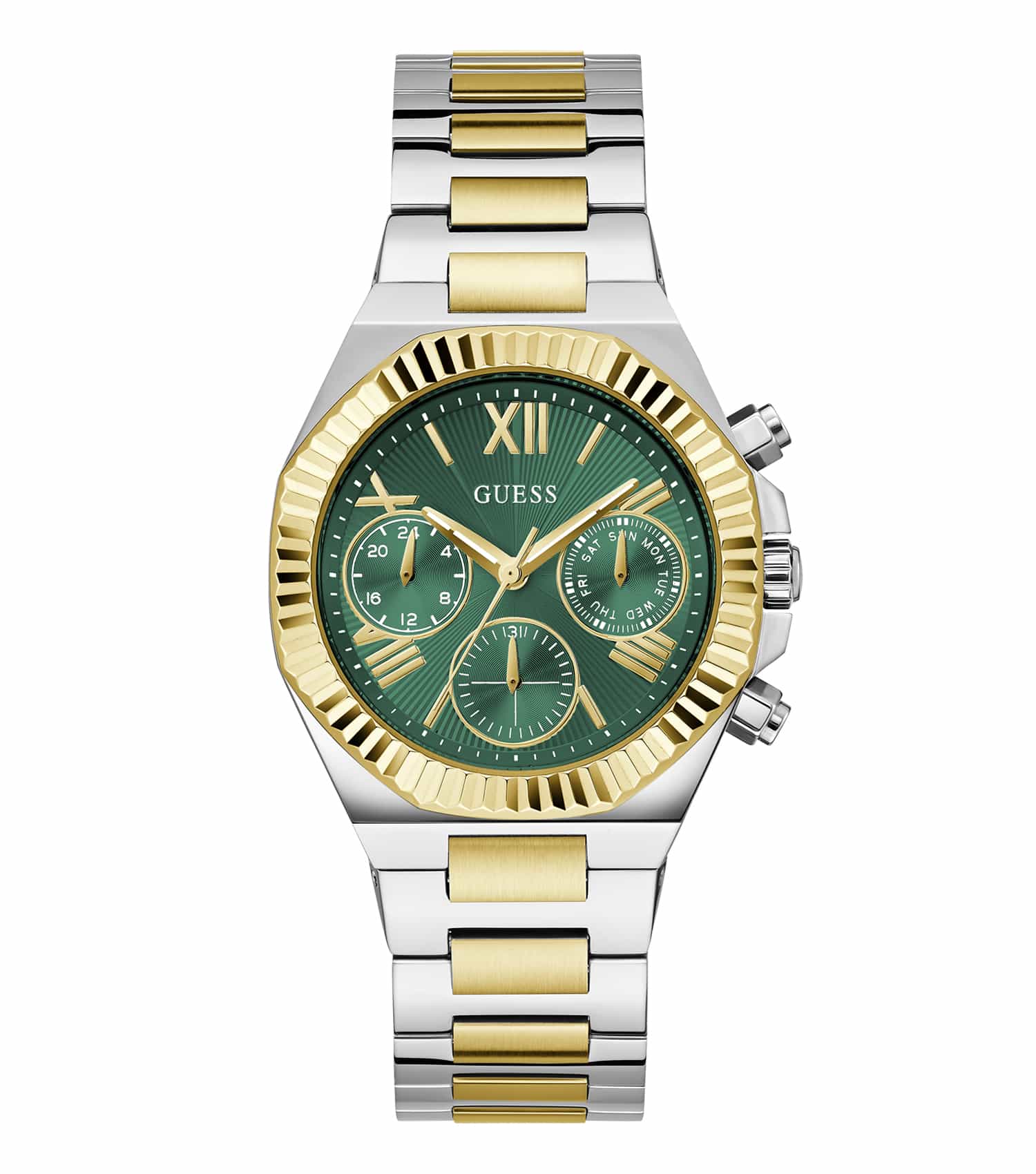 Guess Quartz Watch, front angle; elegant gold-tone design with a minimalist, round dial and polished bracelet strap, showcasing luxury style.
