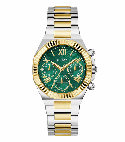 Guess Quartz Watch, front angle; elegant gold-tone design with a minimalist, round dial and polished bracelet strap, showcasing luxury style.