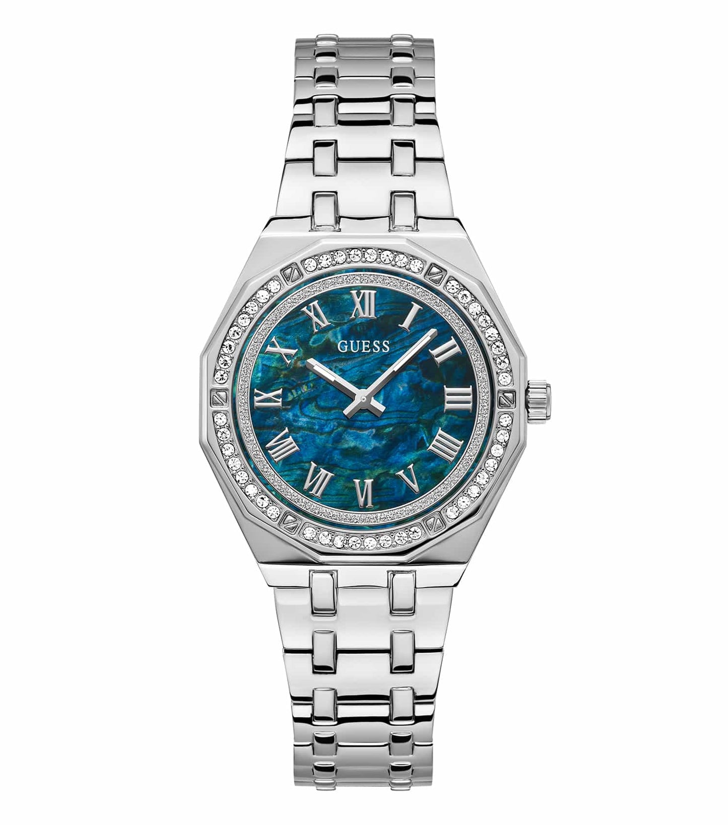 GUESS Watch GW0770L1, sleek silver-tone, elegantly displayed at an angled top-down view, showcasing its modern, sophisticated design.