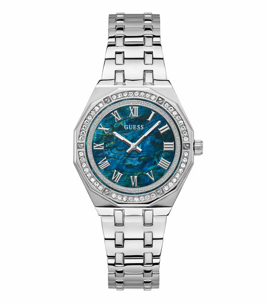GUESS Watch GW0770L1, sleek silver-tone, elegantly displayed at an angled top-down view, showcasing its modern, sophisticated design.
