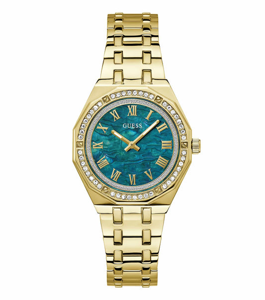 Guess quartz watch in a vibrant gold color on a textured white background, displayed at an elegant side angle.