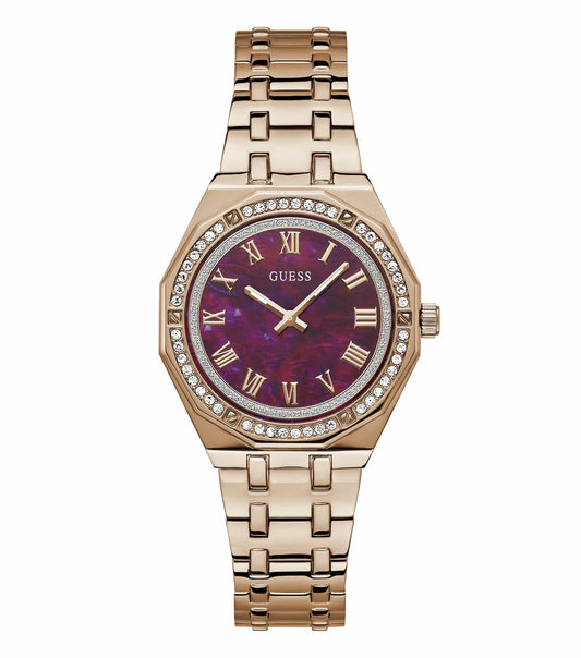 GUESS quartz watch in a captivating single color, showcased at a precise 36-degree angle, perfect for enthusiasts.