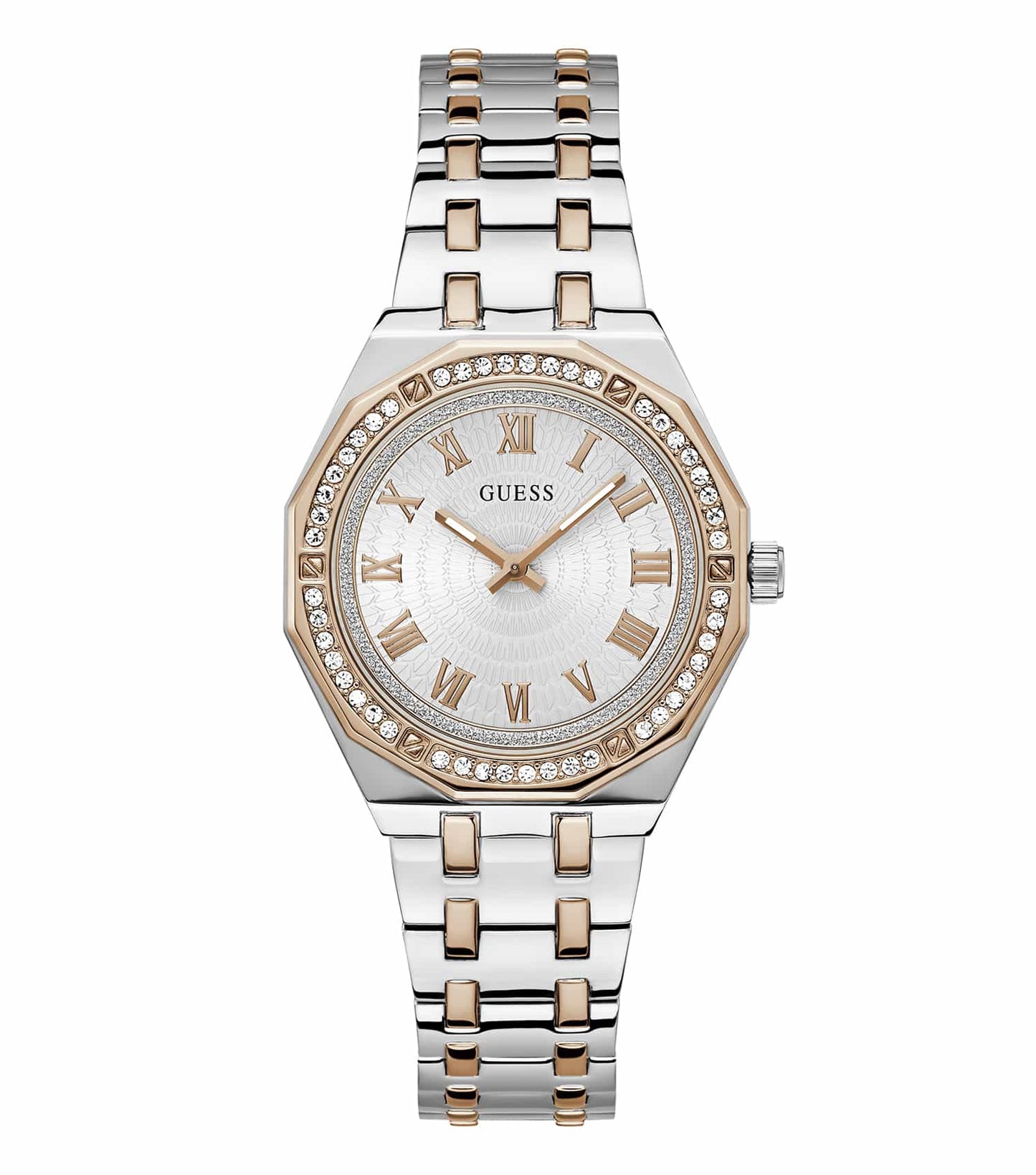 GUESS Quartz watch with elegant design, featuring rose gold-tone case, glossy strap, and angled front view showcasing sleek craftsmanship