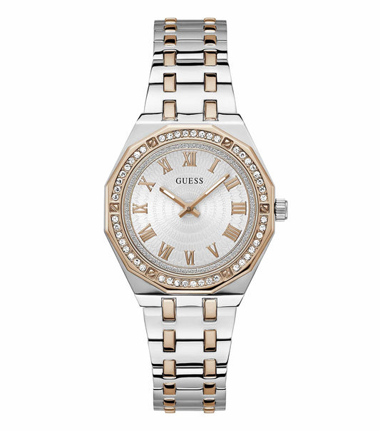 GUESS Quartz watch with elegant design, featuring rose gold-tone case, glossy strap, and angled front view showcasing sleek craftsmanship