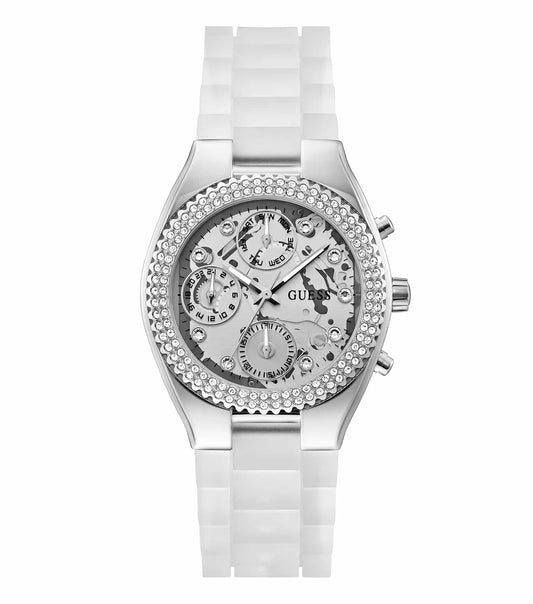 Guess watch in vibrant jelly color, side angle view showcasing sleek gold accents and unique design, perfect for style enthusiasts.