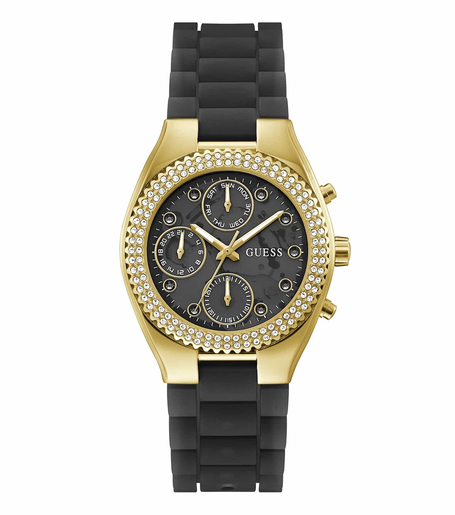 GUESS Watch in Jelly Quartz color, elegantly displayed at a 45-degree angle, showcasing its chic and modern design details.