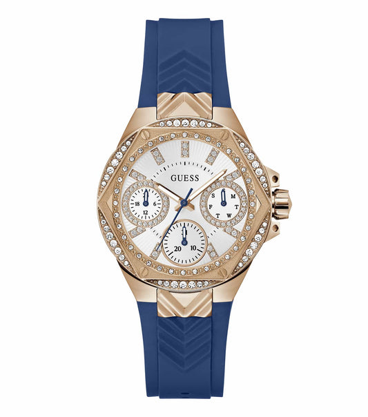GUESS watch GW0774L3 in stunning rose gold color, features a round dial design, displayed at an elegant frontal angle.