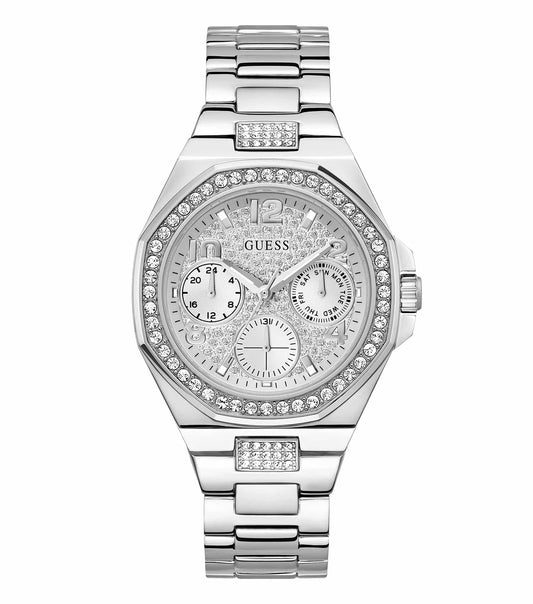 Elegant Guess watch in silver, displaying a close-up angle highlighting its sleek design, metallic band, and minimalist dial