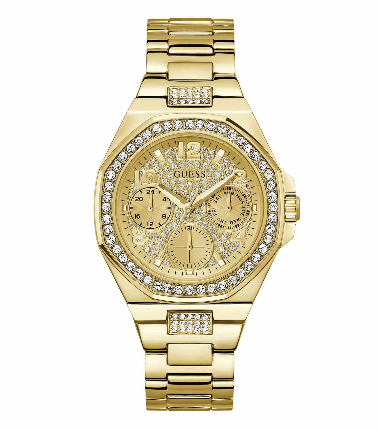Elegant GUESS watch in classic gold, facing slightly right, showcasing a sleek round dial and textured metallic band, timeless style.