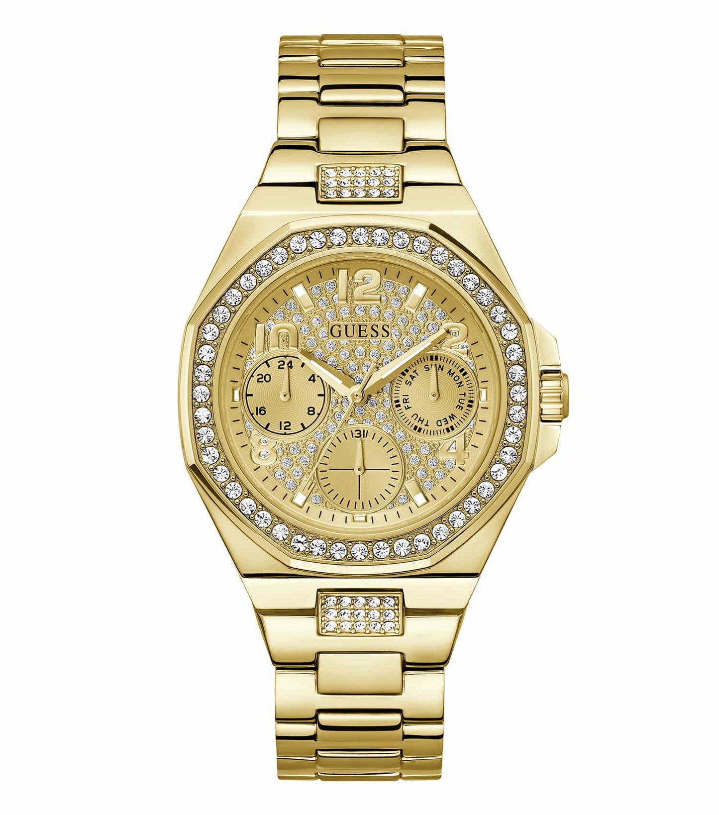 Elegant GUESS watch in classic gold, facing slightly right, showcasing a sleek round dial and textured metallic band, timeless style.