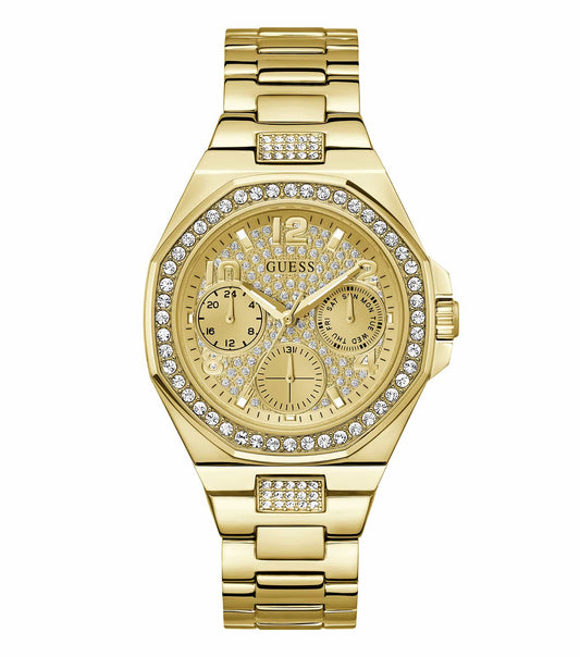 Elegant GUESS watch in classic gold, facing slightly right, showcasing a sleek round dial and textured metallic band, timeless style.