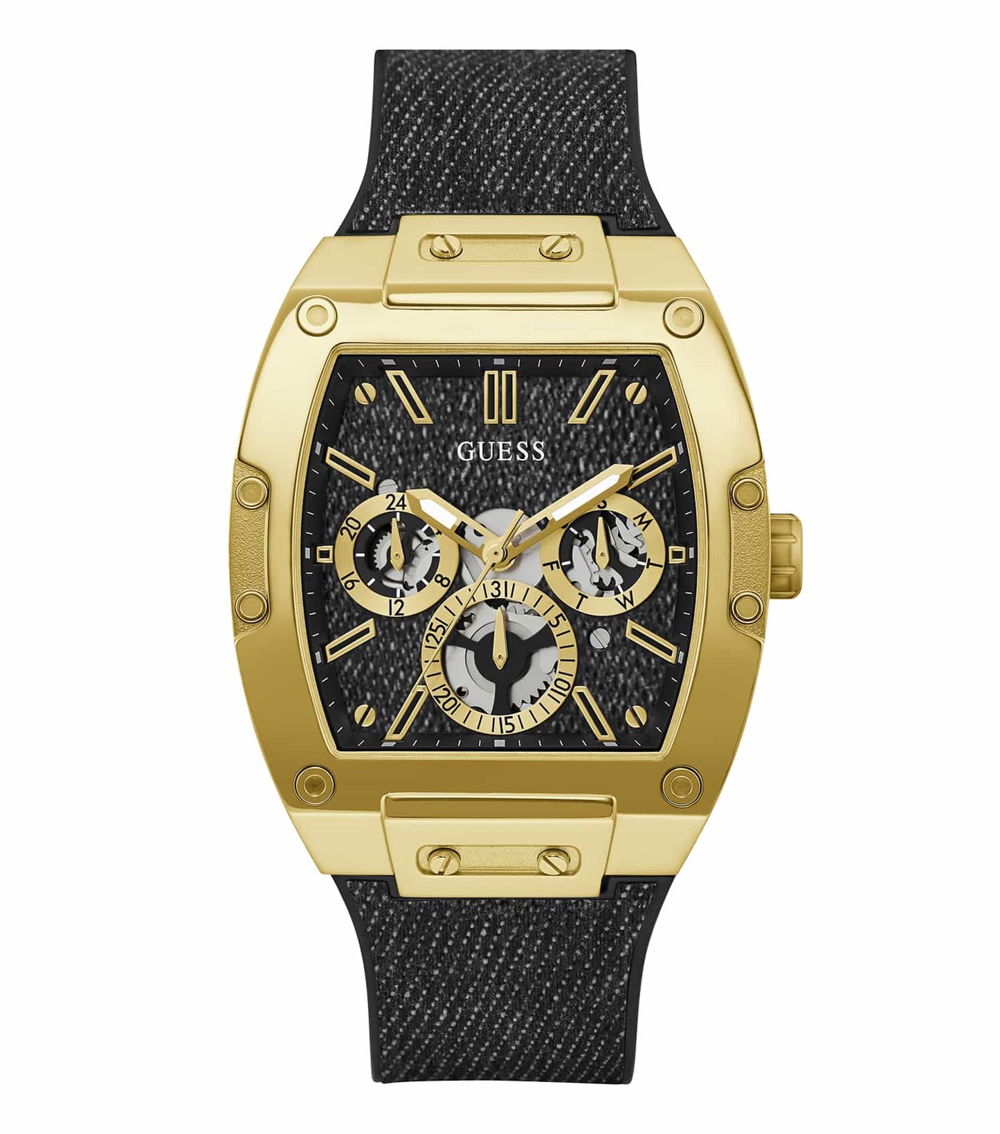 GUESS watch, model GW0786G1, in a sleek black color, angled at 41.5 degrees, showcasing its sophisticated design and elegant strap.