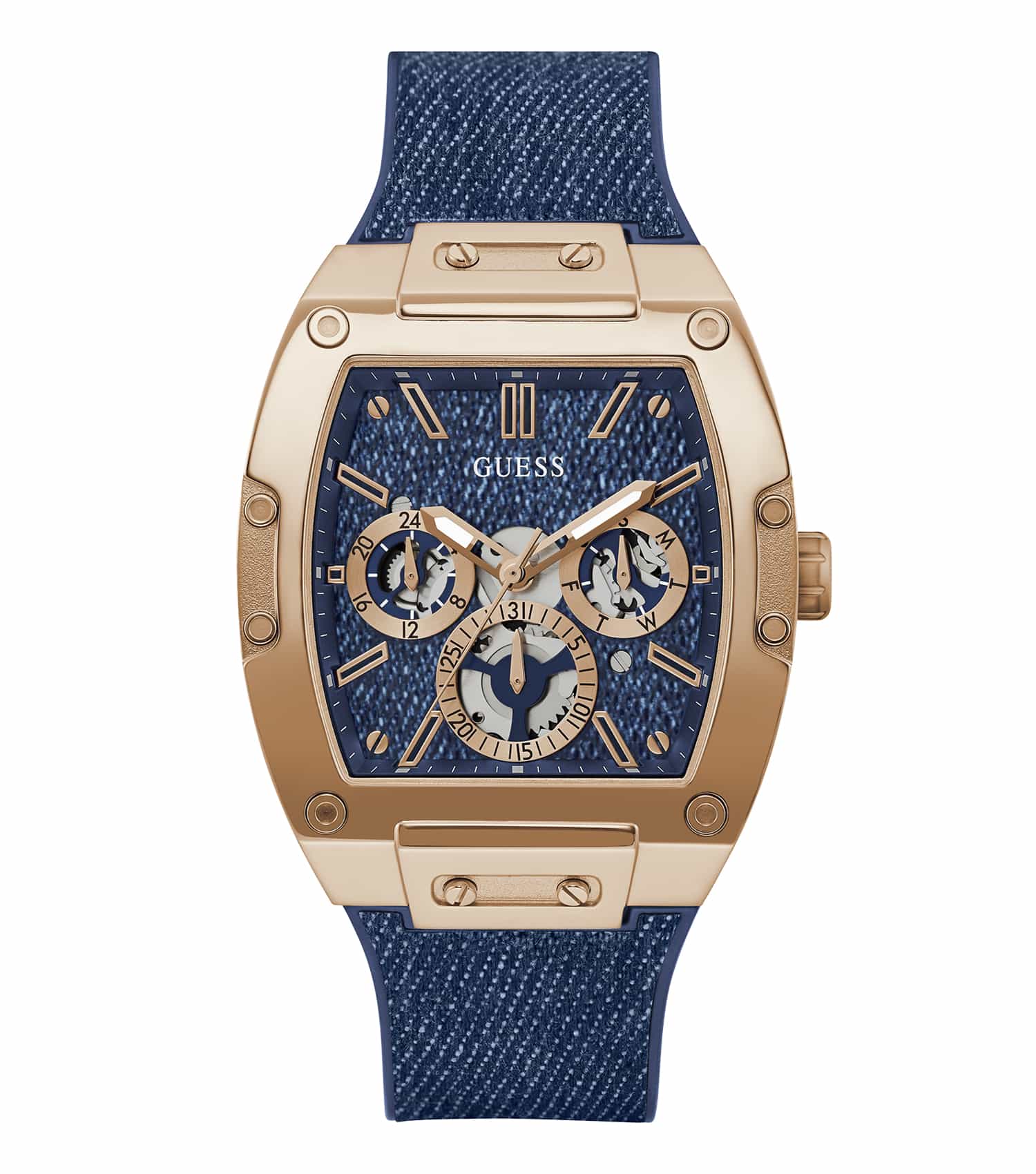 Angle view of a sophisticated, none color Guess watch, showcasing its sleek design with a robust leather strap and metallic finish.