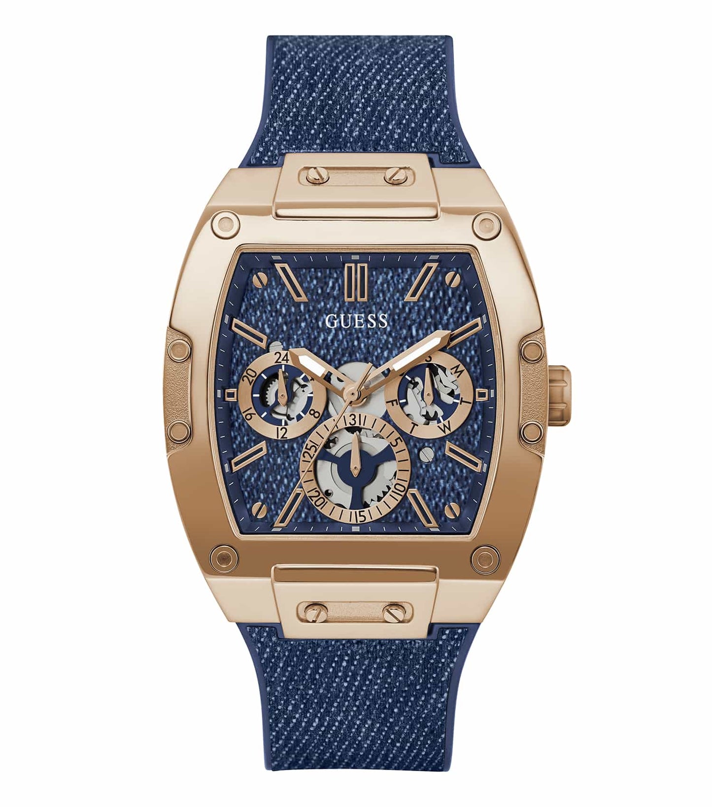 Angle view of a sophisticated, none color Guess watch, showcasing its sleek design with a robust leather strap and metallic finish.
