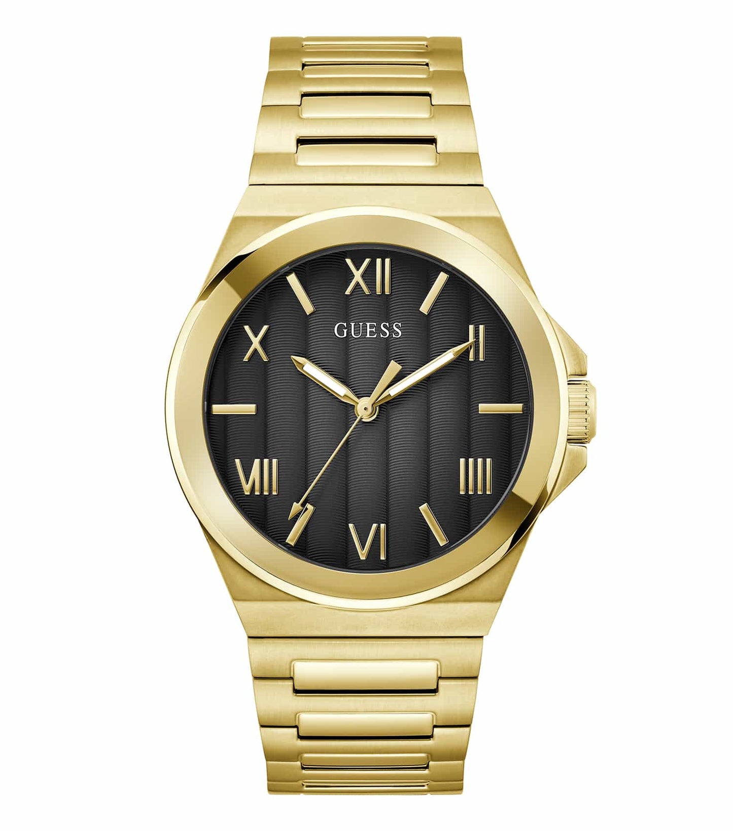 Elegant Guess watch in a warm-tone with details visible from a dynamic angle, showcasing timepiece craftsmanship and style.