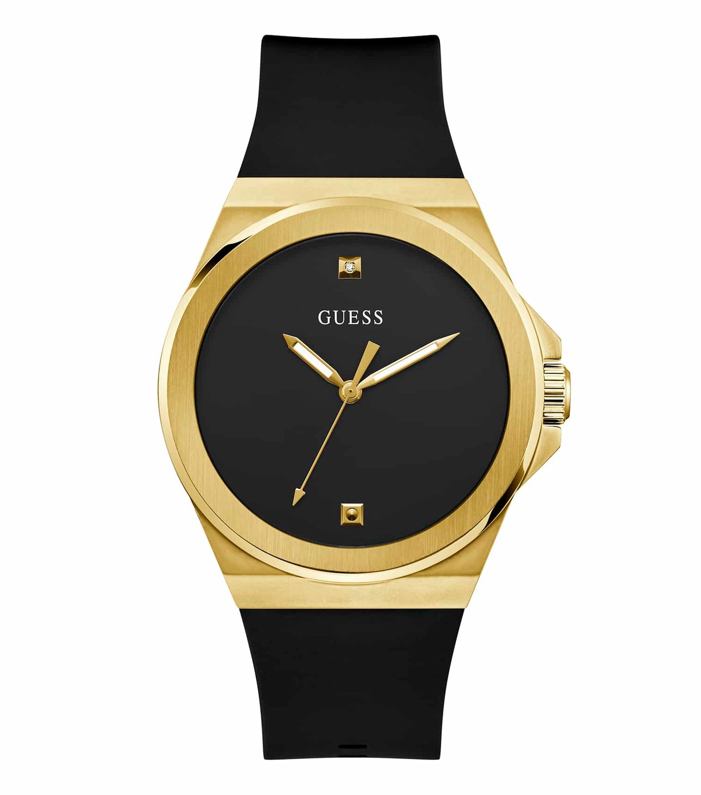 Guess black watch with metallic accents; front view showcasing detailed craftsmanship and elegant design.