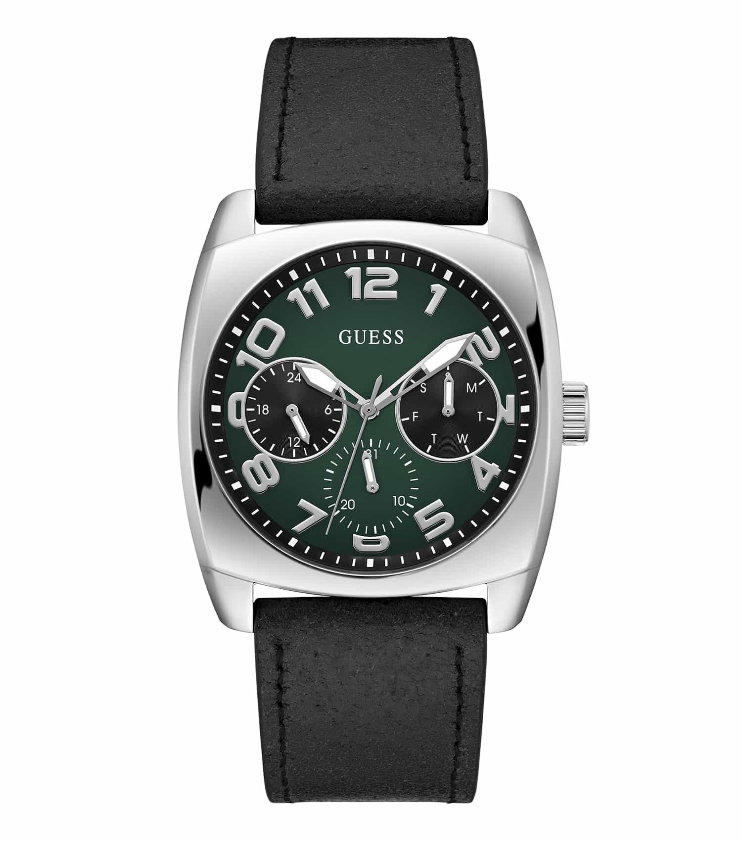 Guess quartz watch with sleek 40.5mm case, chrome detailing, and black strap, showcased in a direct front angle view.