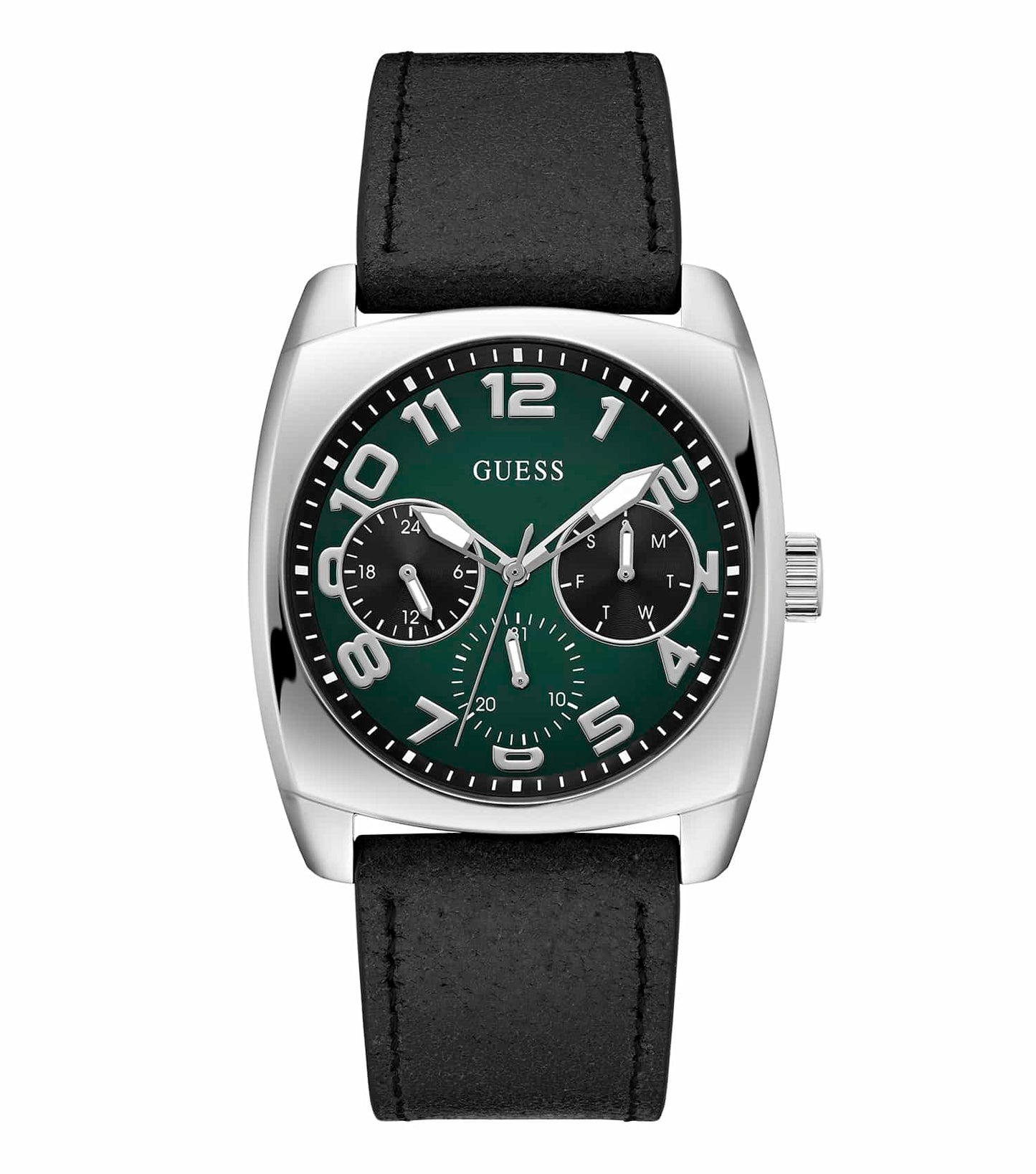 Guess quartz watch with sleek 40.5mm case, chrome detailing, and black strap, showcased in a direct front angle view.