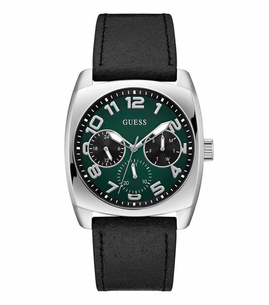Guess quartz watch with sleek 40.5mm case, chrome detailing, and black strap, showcased in a direct front angle view.