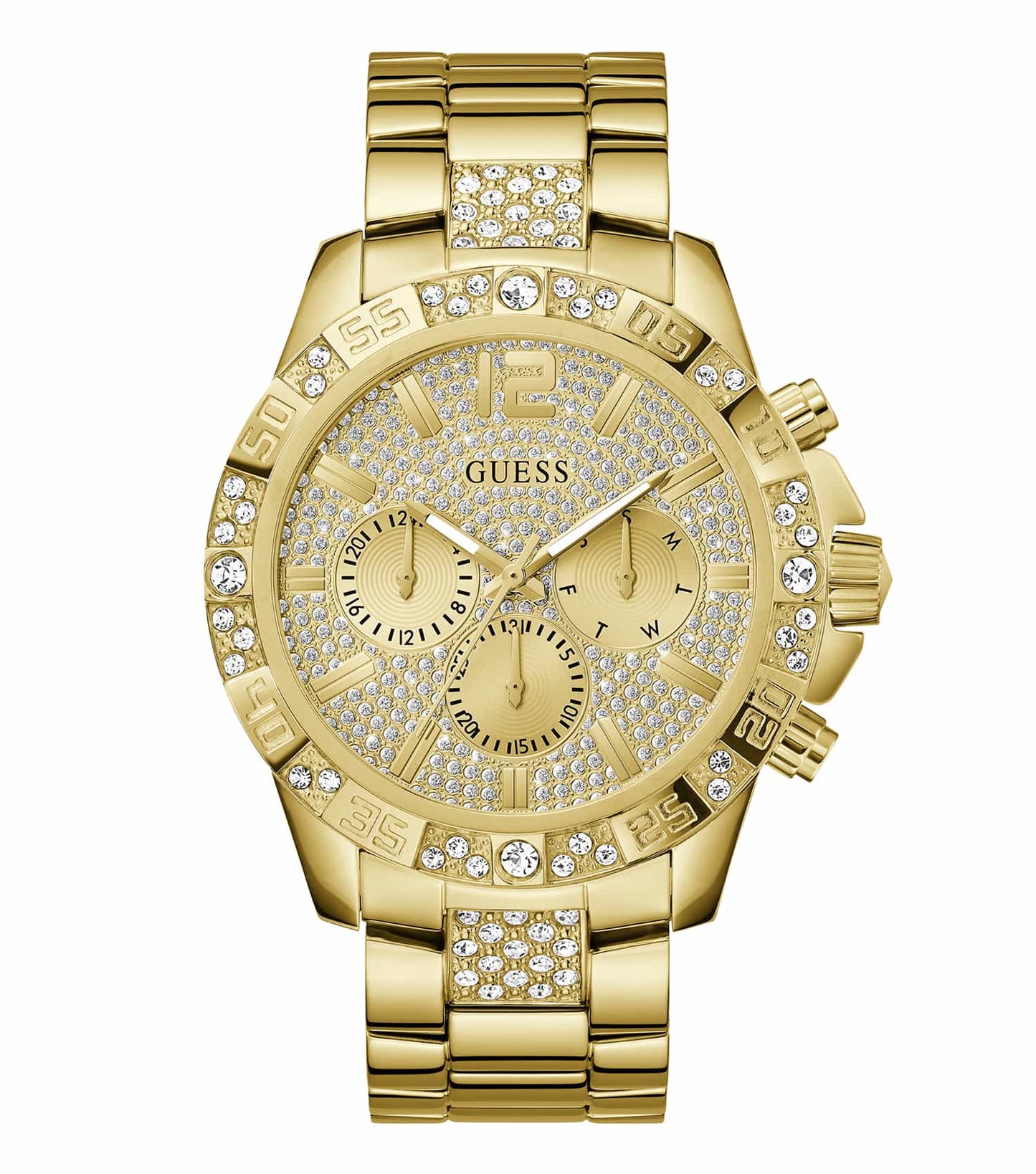 Elegant Guess quartz watch with a vibrant yellow gold tone, captured at a 48-degree angle showcasing its sleek design.