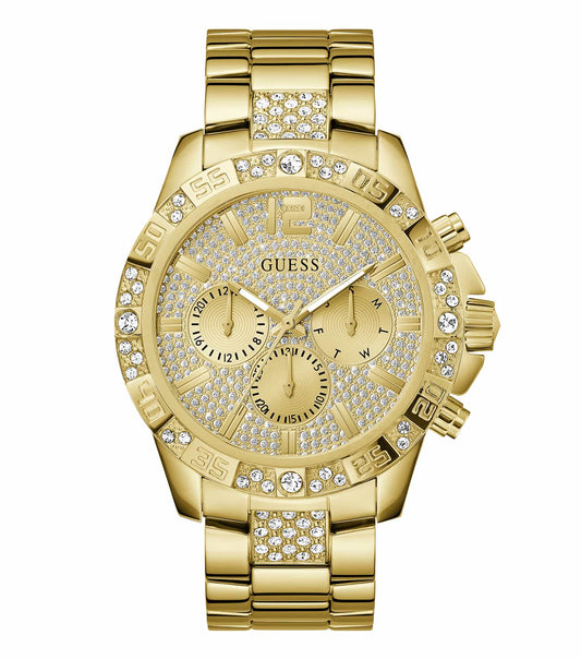 Elegant Guess quartz watch with a vibrant yellow gold tone, captured at a 48-degree angle showcasing its sleek design.