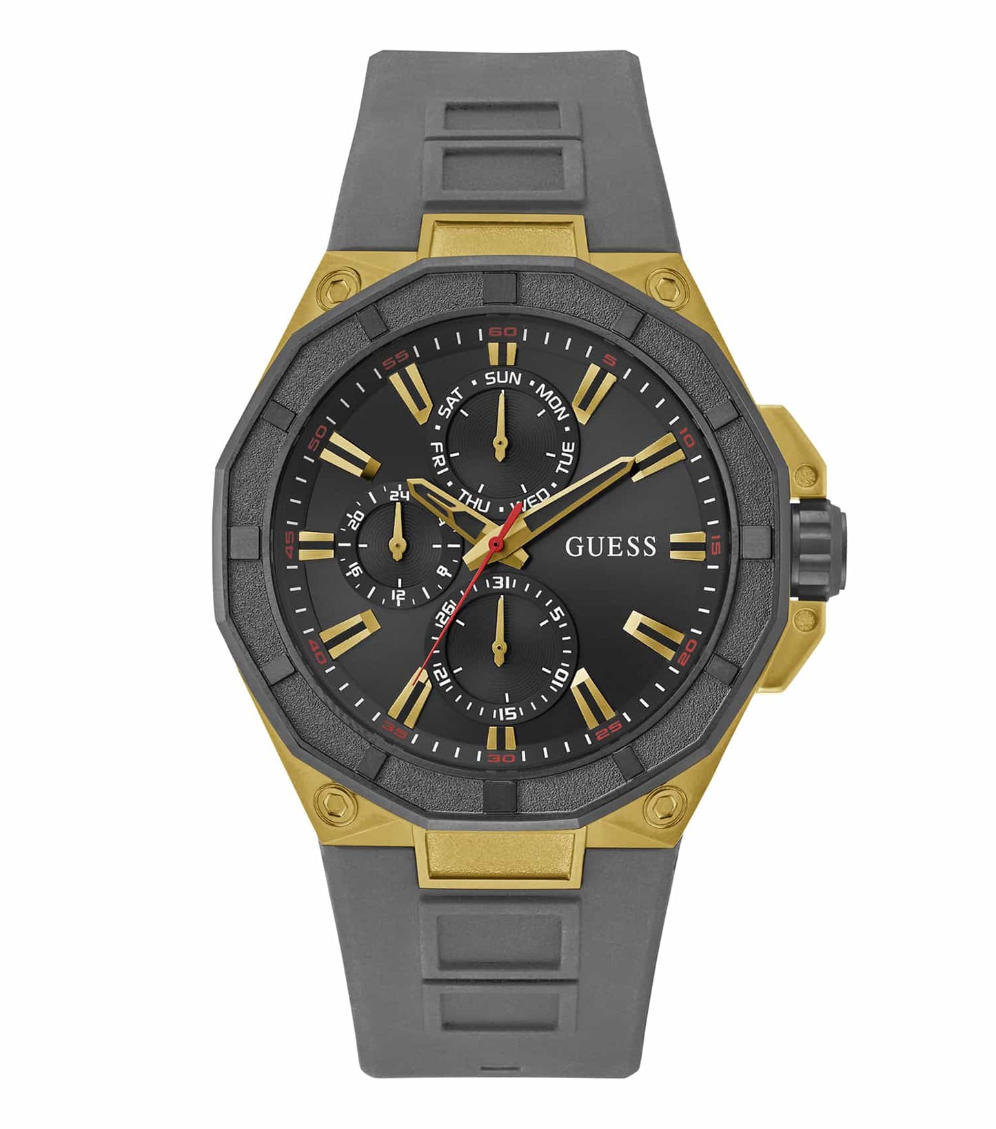 Guess men's black watch with sleek design, close-up angle showcasing stainless steel casing and intricate dial details.