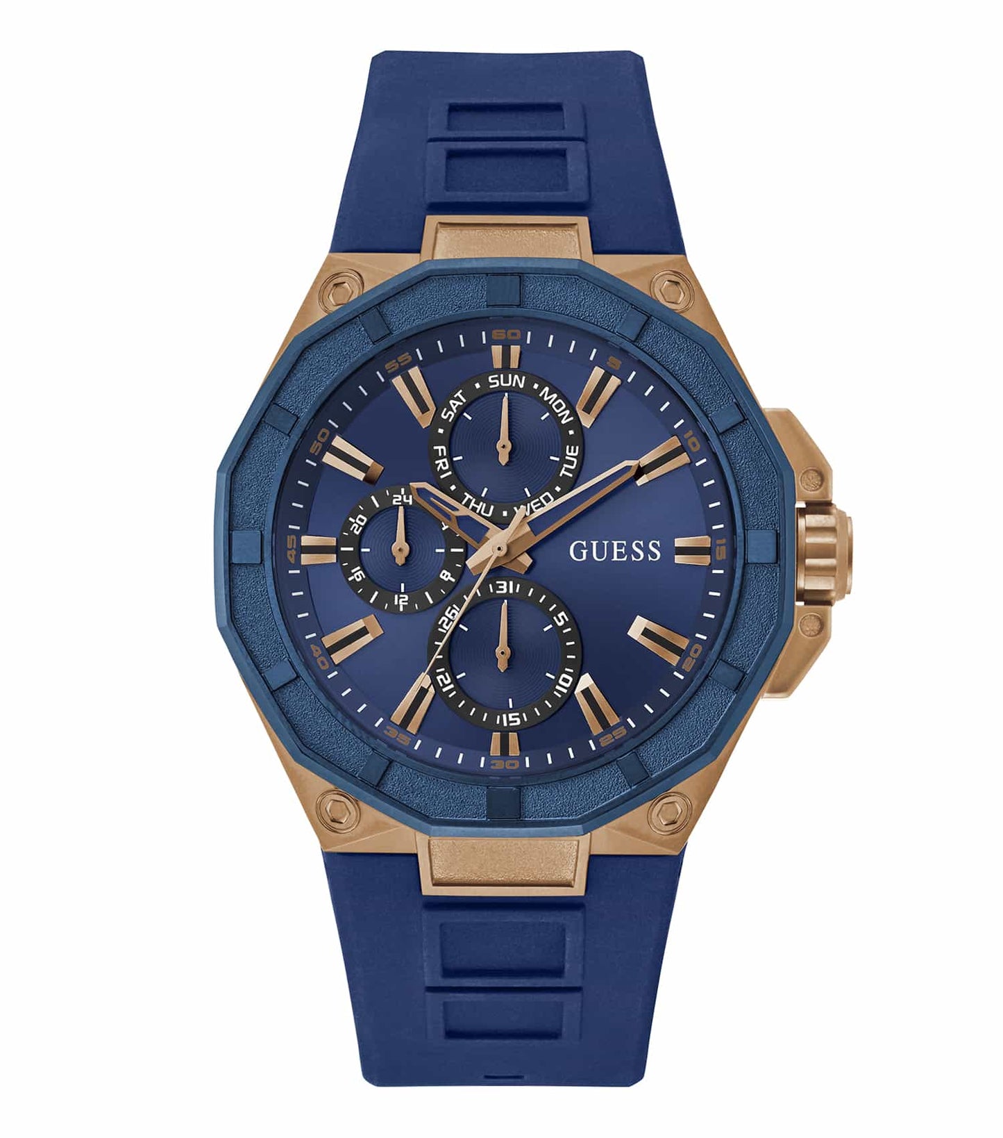 Elegant GUESS watch in a none color showcased in a front view, featuring a sleek round dial and intricate detailing of the strap.