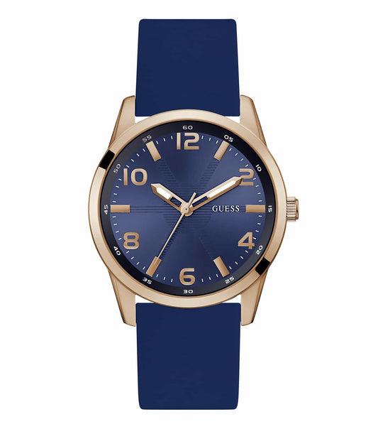 GUESS watch, front angle showing'Monte' design, classic blue dial, cognac leather strap, fashionable men's accessory.