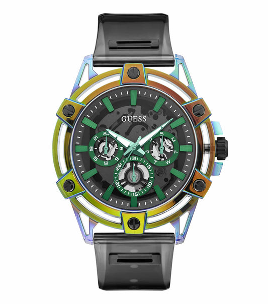 GUESS watch in a striking none color, angled at 48 degrees, showcasing silver case, textured dial, and sleek stainless steel band.