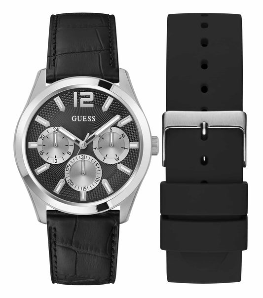 GUESS watch in a serene Zen color, 45-degree angle showcasing sleek design, silver details, and elegance in timekeeping fashion.