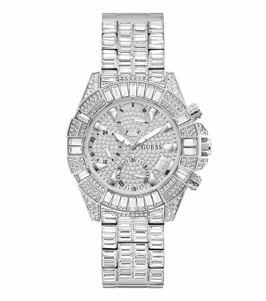 Guess watch in silver tone GW0812L1, stylishly angled at 39° with sparkling crystals and a sleek round dial, radiating elegance.