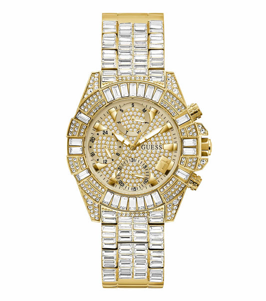 GUESS gold-tone watch GW0812L2, elegant side angle view showcasing the sleek design, luxurious accents, and shimmering band.