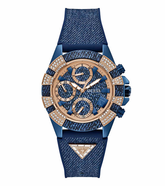 Elegant Guess women's watch with 1 gold-tone design, showcasing a stylish dial and sleek stainless-steel bracelet, top angle view.