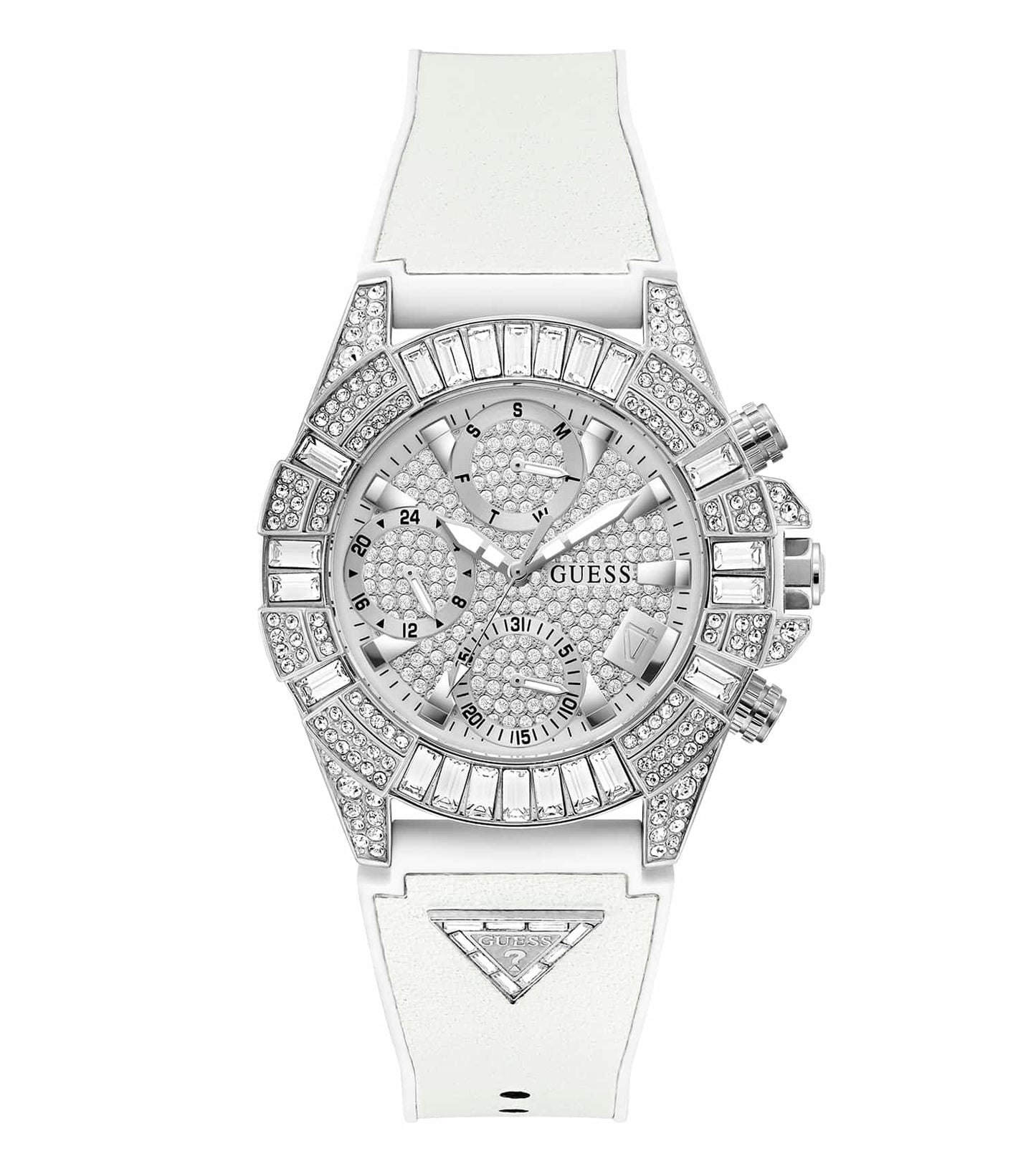 GUESS quartz watch, gold-tone finish; angled front view showcasing intricate detailing, ideal for elegant timepiece enthusiasts.