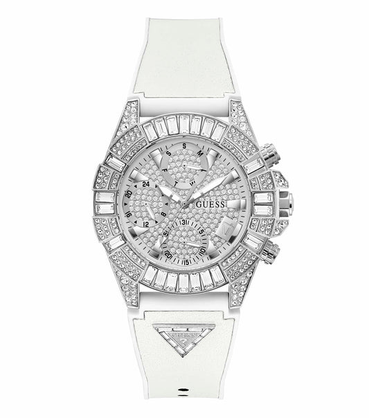 GUESS quartz watch, gold-tone finish; angled front view showcasing intricate detailing, ideal for elegant timepiece enthusiasts.