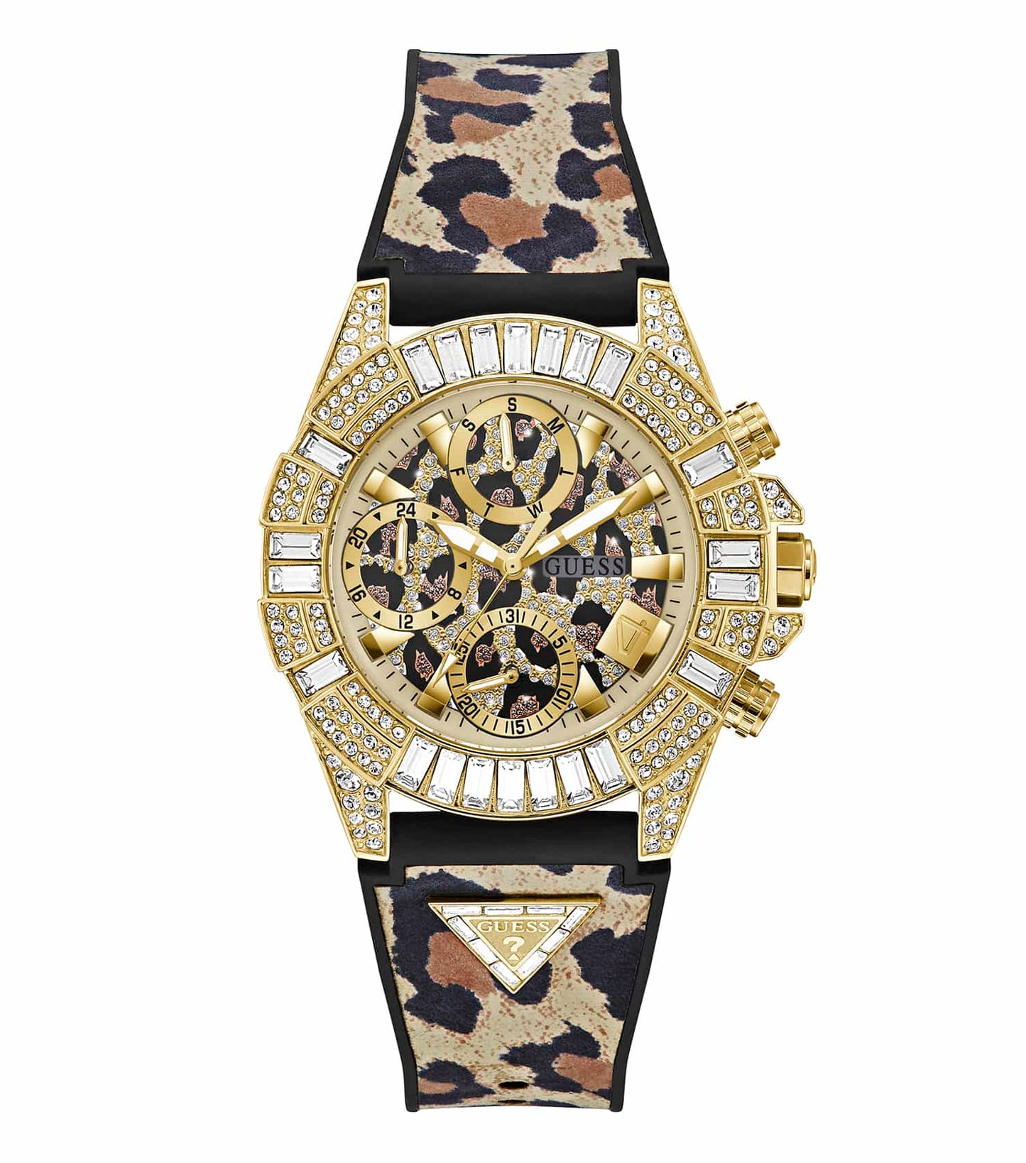 Elegant GUESS watch in rose gold with crystal accents, displayed at a slight angle, showcasing timeless style and sophistication.