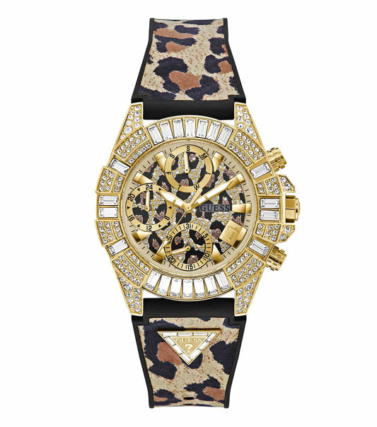 Elegant GUESS watch in rose gold with crystal accents, displayed at a slight angle, showcasing timeless style and sophistication.