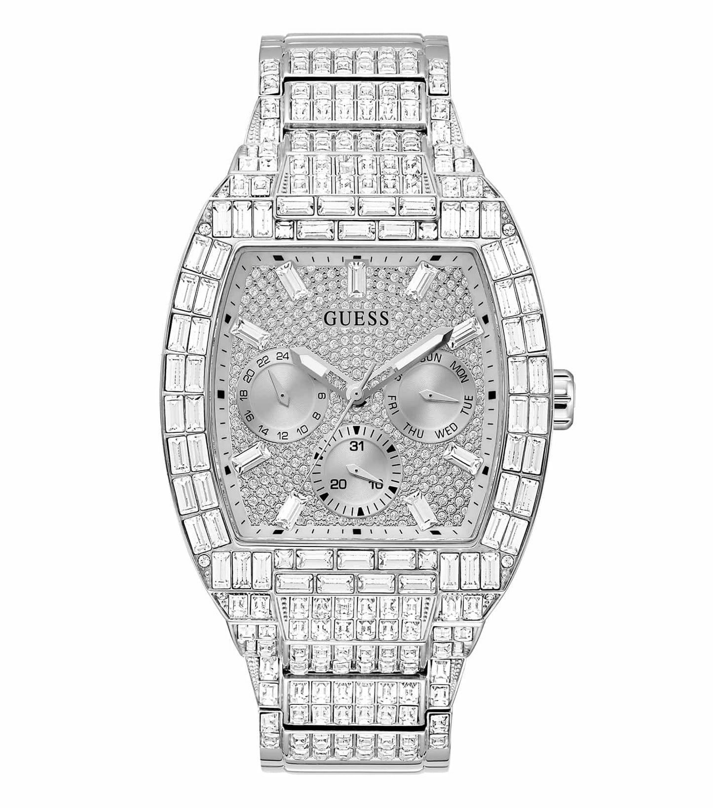 Elegant GUESS watch with a gold-tone case and black dial, side angle view, single color, showcasing timeless style.