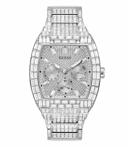 Elegant GUESS watch with a gold-tone case and black dial, side angle view, single color, showcasing timeless style.