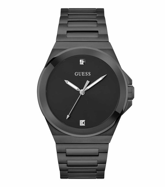 GUESS Men's Watch GW0833G2 in classic silver, stylish side angle, showcasing a sophisticated round dial and sleek bracelet design.