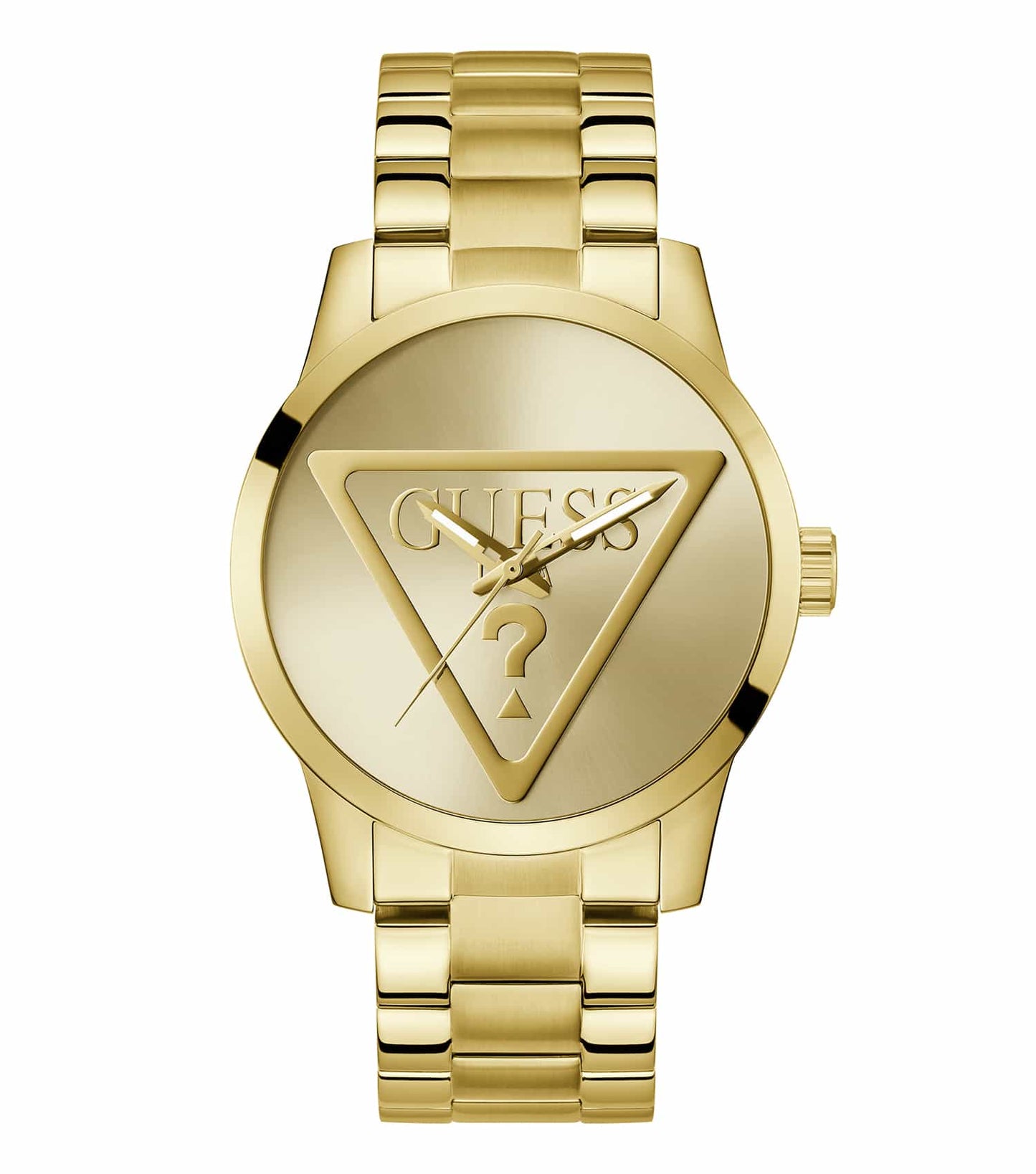 Guess watch in gold, 44 mm, top-down angle, featuring a sleek stainless steel band and a stylish, modern analog face.