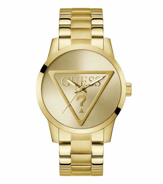 Guess watch in gold, 44 mm, top-down angle, featuring a sleek stainless steel band and a stylish, modern analog face.