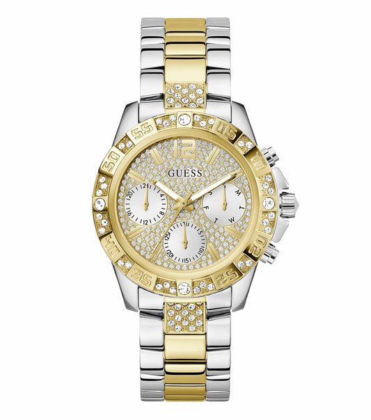 Guess watch in black, front view with elegant face design and sleek black strap, showcasing timeless style and sophistication.