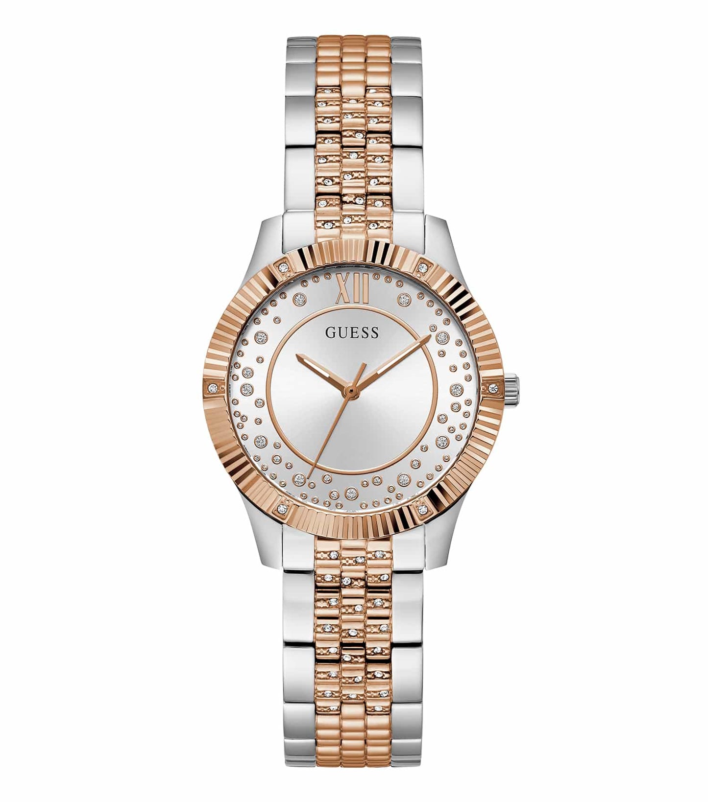 Guess watch with a sleek silver finish, viewed from an angled top-down perspective, showcasing its elegant design and minimalist face.