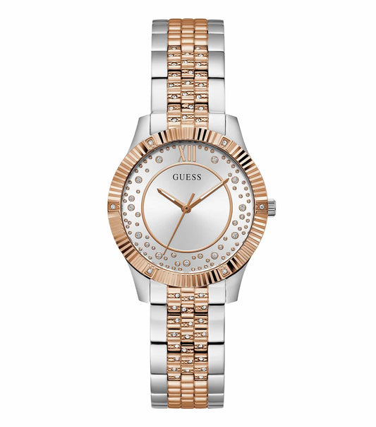 Guess watch with a sleek silver finish, viewed from an angled top-down perspective, showcasing its elegant design and minimalist face.