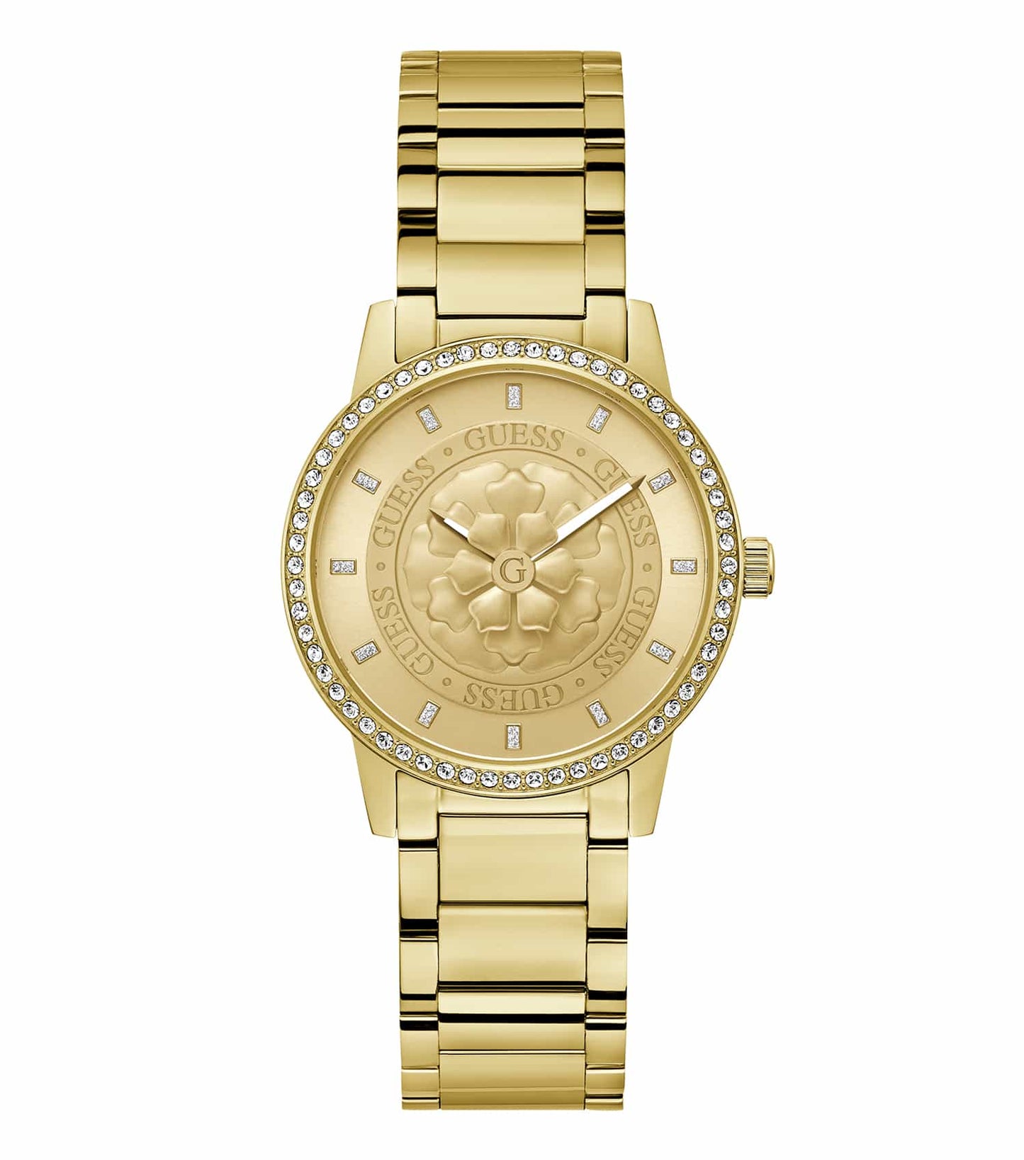GUESS watch in Petal Quartz color, featuring a chic round face with an elegant band, styled in a front-angle view against a clean backdrop.