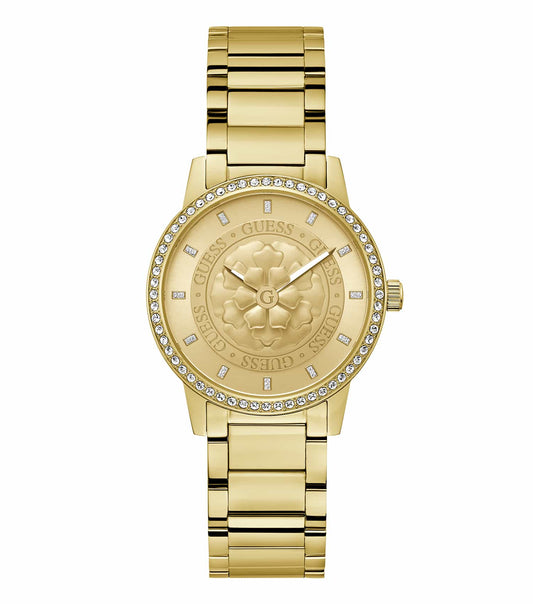 GUESS watch in Petal Quartz color, featuring a chic round face with an elegant band, styled in a front-angle view against a clean backdrop.