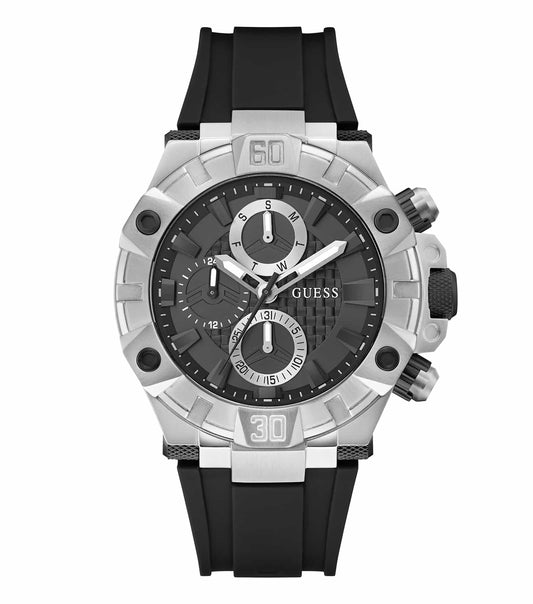 GUESS quartz watch with gold accents on a soft pink face, elegant brown leather strap, angled front view against a white background.