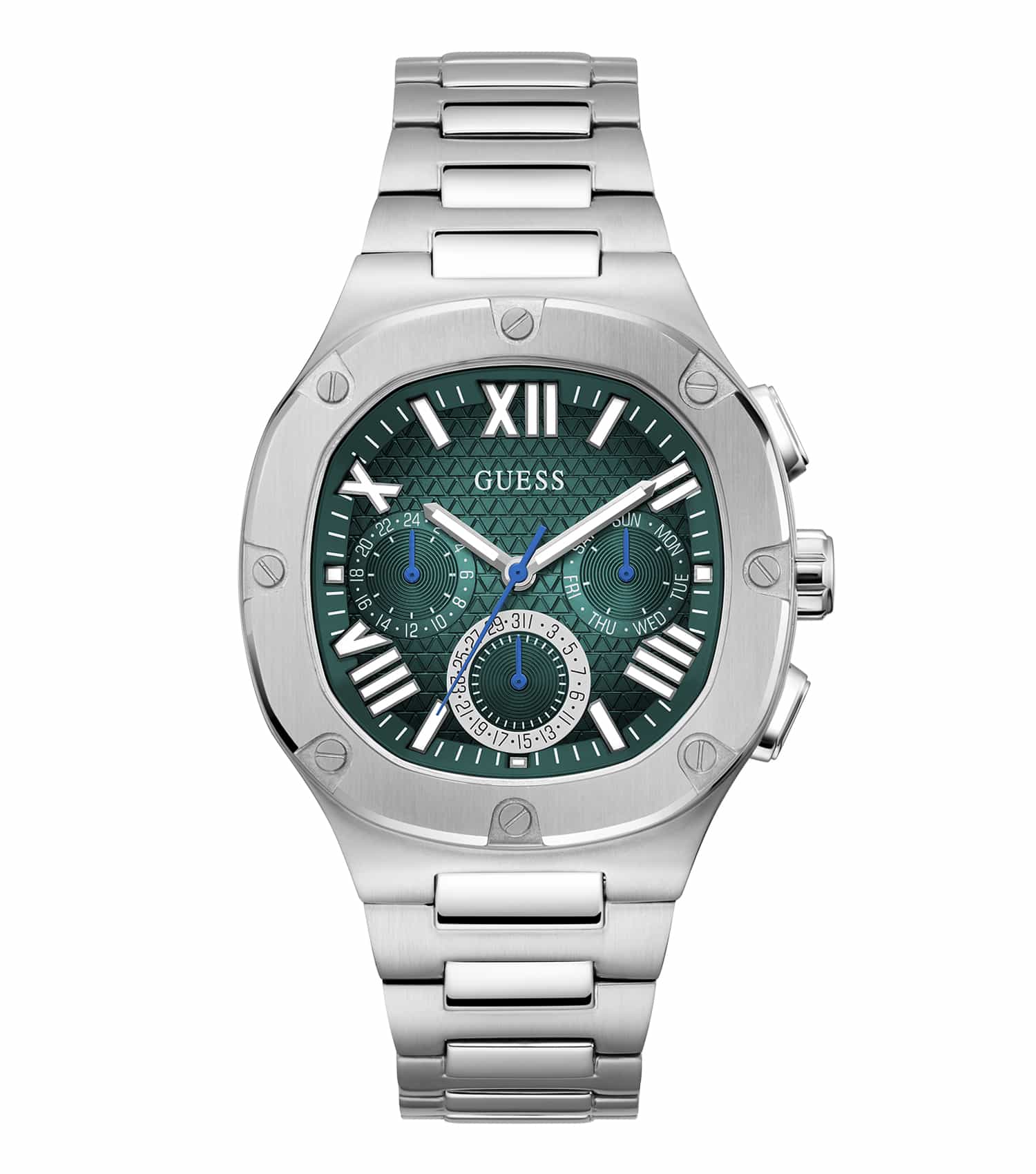Sophisticated Guess watch in elegant silver, showcasing the dial and band from a top-down angle, ideal for stylish enthusiasts.