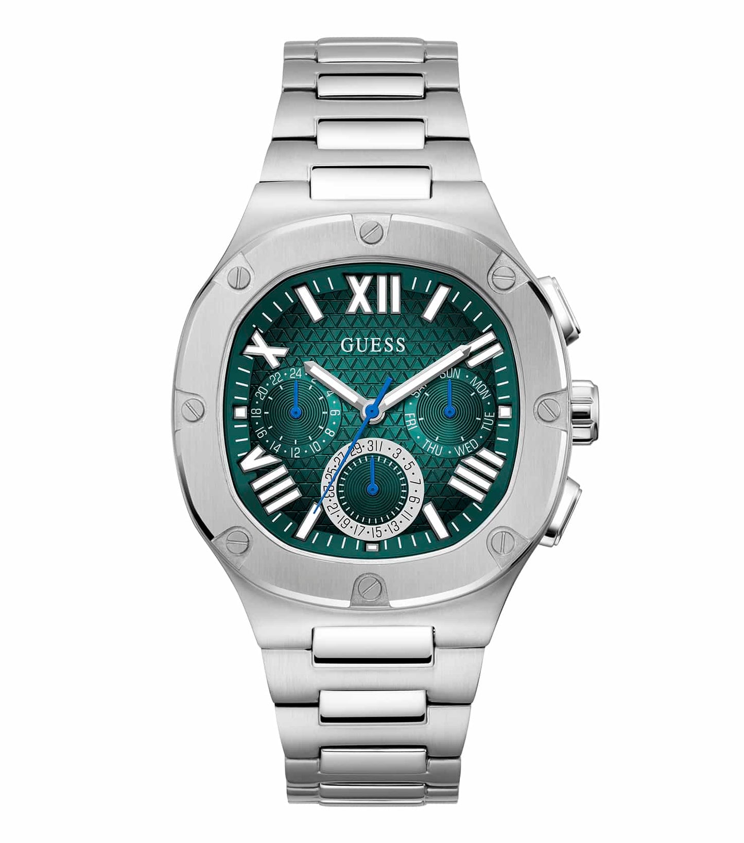 Sophisticated Guess watch in elegant silver, showcasing the dial and band from a top-down angle, ideal for stylish enthusiasts.